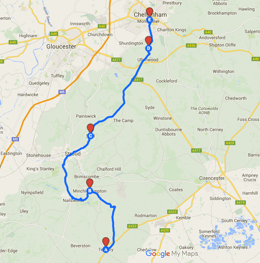 Cycling Tetbury to Cheltenhma 40km